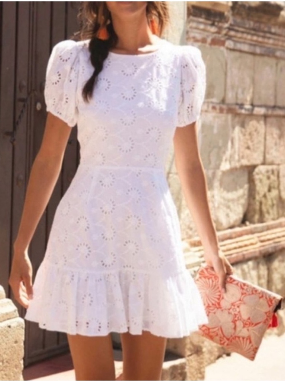 Yumi Kim Pixie Eyelet Alicia White Puff-Sleeve Mini Dress - Medium